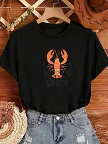 Limited Time Offer, Limited Quantities, Flash ! Women's Casual Shirts, Women's Polyester T-Shirts, Elegant Shirts. New Women's Short-Sleeved Summer T-Shirt With Orange Lobster Print And Flame Details, Spicy, Stylish, Fashionable, And Versatile. - 黑色 - 查看 7