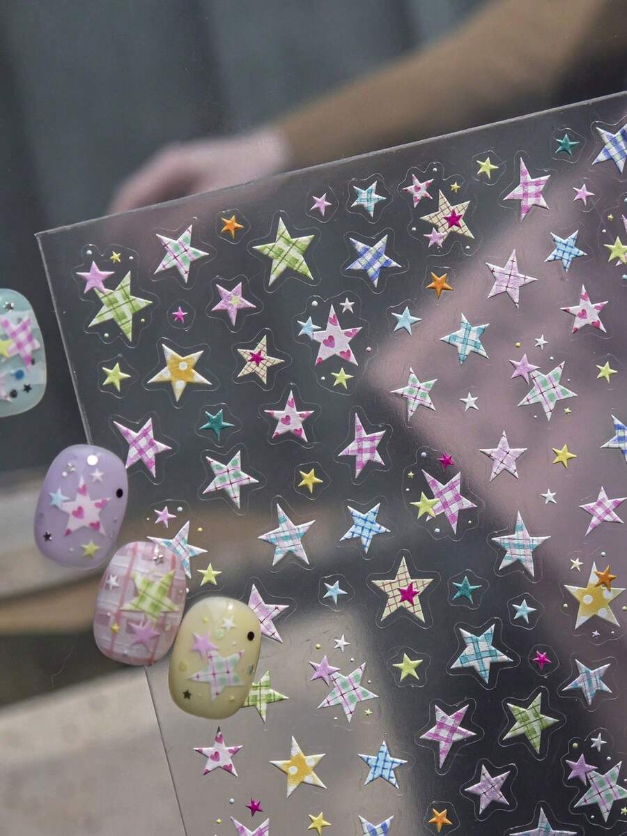 1 Sheet 5D Stereo Colorful Plaid Star Nail Stickers, Minimalist Colorful Pentagram Self-Adhesive Nail Stickers, DIY Nail Art Decor Stickers - Multicolor - View 1