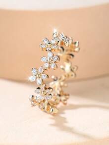 1pc Simple White Zirconia Flower Ring, Elegant Women's Accessory, Suitable For Women And Girls, Perfect For Birthday Gift Or Party Wear - Yellow Gold - View 3