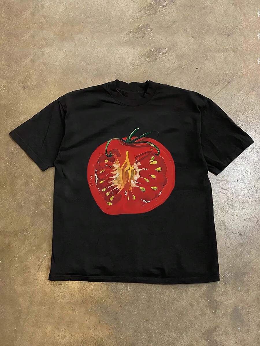 Playeras de mujer: Camiseta unisex de gran tamaño con estampado de tomate - Estilo Y2K/Coreano, cuello redondo, manga corta, blusa adecuada para uso casual de verano, corte holgado - Top de línea con estampado de frutas y verduras. - Negro - Ver 1