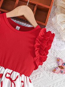 Sleeveless Ruffle Solid Ribbed Bow Floral Print Sweet Dress For Toddler Girls, Summer - Red - View 4