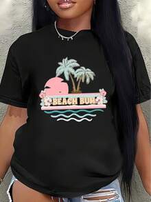 Short-Sleeved T-Shirt, Decorated With Beach Motifs, Casual Clothing For Outdoor Activities In Summer, Lightweight And Durable Design, Ideal For Holidays, The Pool Or Casual Occasions. - 黑色 - 查看 7