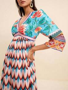 LOTSLUV Vestido largo de mujer con cuello en V, mangas medianas, cintura ceñida, estampado retro tropical de flores y pavo real para primavera/verano y vacaciones - Multicolor - Ver 7