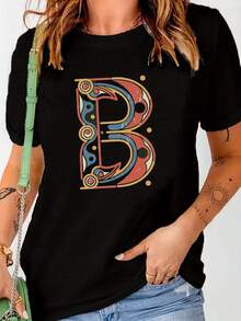 Camisetas de Algodón Oversize para Mujer, Diseño Artístico con la Letra B 2026, Camiseta Cómoda para Mujer, Suave y Sencilla para Uso Diario, Top de Manga Corta - Negro - Ver 1
