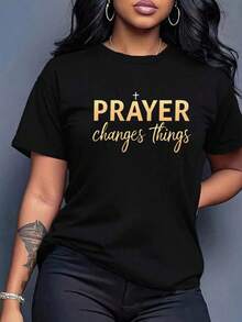 Camiseta de mujer talla grande, estampado "Prayer changes things" con cruz, manga corta cuello redondo - Negro - Ver 6