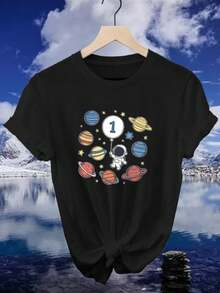 ¡Oferta por tiempo limitado, unidades limitadas,  relámpago! Camisas casuales para mujer, camisetas de poliéster para mujer, camisas elegantes. Camiseta retro para mujer con temática espacial y estampado de astronauta y planetas - Top casual de manga corta y cuello redondo, estilo urbano americano, adecuada para uso, regalo para mamás, blusa con gráfico espacial lavable a máquina, moda para mujer - Negro - Ver 8