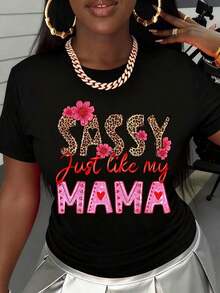 Camiseta con Estampado de Leopardo "Sassy Just Like My Mama" Blanca para Mujer, Top Casual de Moda con Diseño Floral y de Corazón para Conjuntos Combinados de Madre e Hija - Negro - Ver 2