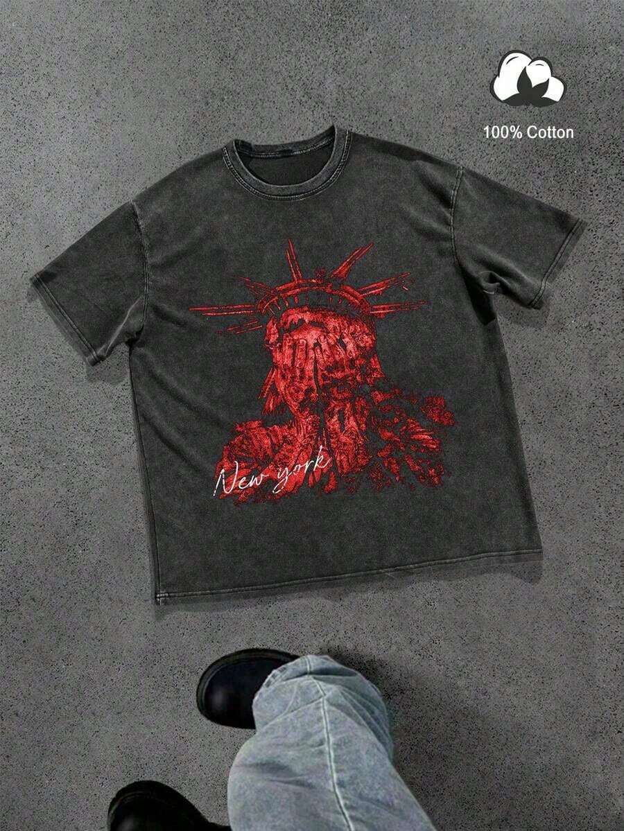 Camiseta de hombre con estampado gráfico de lema de Nueva York y Estatua de la Libertad, estilo callejero americano de algodón de cuello redondo de manga corta - Negro 3 - Ver 1