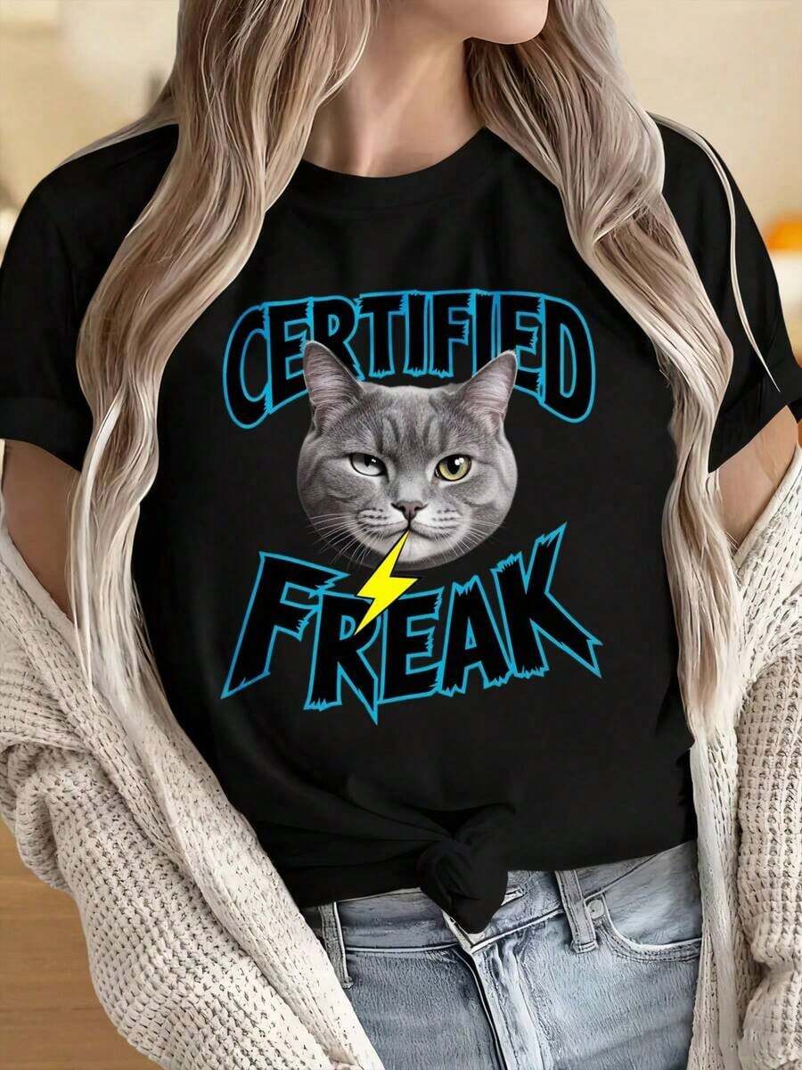 Women's And Men's Crew Neck Short Sleeve T-Shirts, Certified Freak Cat Graphic T-Shirt, Women's Casual Black Top With Lightning Bolt Design, Funny T-Shirt For Cat Lovers. The Fun Prints Are Suitable For Christmas Parties, Sporting Activities, Holiday Parties, Outings, Sports, And Other Festive Gifts. - 黑色 - 查看 1