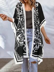 Floral Print All-Over Print Vacation Beach Kimono Cover-Up - Black - View 1