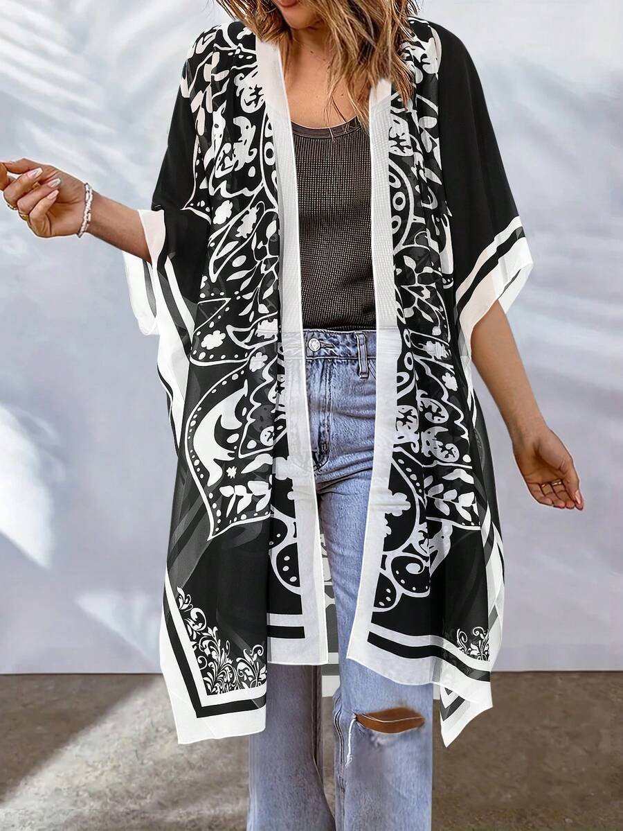Floral Print All-Over Print Vacation Beach Kimono Cover-Up - Black - View 1