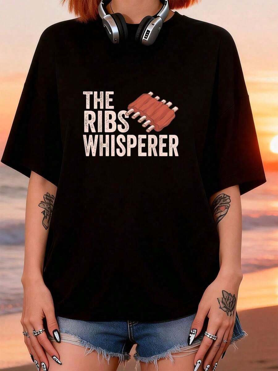 Camiseta "El Susurrador de las Costillas" para Barbacoa, Ahumado de Carne, Parrilla BBQ, Camiseta para mujer, para ejercicio al aire libre, camisetas gráficas, tops cortos, conjuntos, tops, camisetas. QHZE - Negro - Ver 1