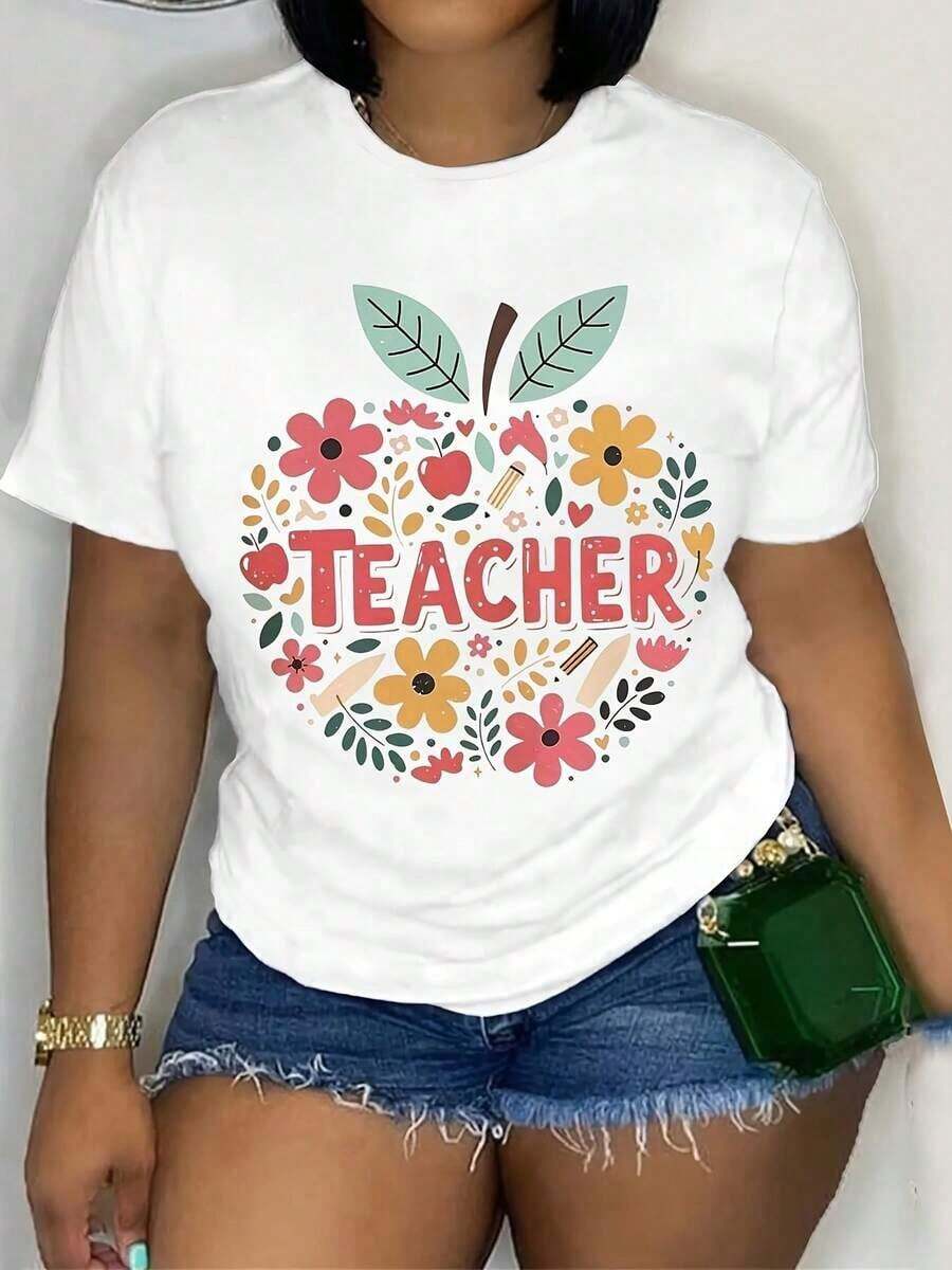 Women's Short-Sleeved T-Shirt, 100% Cotton, Soft And Breathable - Graphic Print With Teacher Theme, Casual Round Neck Top For Back To School Season, Versatile T-Shirt For Educators And Mothers, Teacher T-Shirt, Breathable And Comfortable. - 白色 - 查看 1