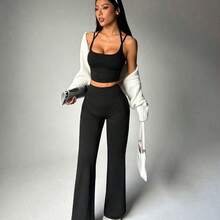 Yunuo Menswear Dewbera Conjunto de top corto de tirantes y leggings de cintura alta de unicolor para mujer, para uso diario, yoga y deporte - Marrón - Ver 5