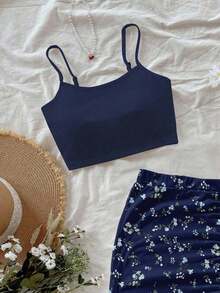 Conjunto de 2 piezas para mujer con vestido casual floral y top negro, adecuado para vacaciones de verano - Azul - Ver 8