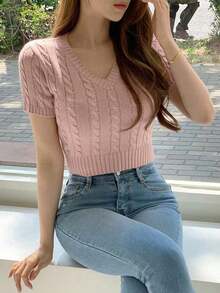 Blusa de manga corta con cuello en V caqui de punto con giro, primavera/verano - Rosa - Ver 1