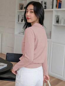 1 pieza Suéter de mujer de unicolor de manga larga, estilo casual de negocios para otoño, blusas de manga larga, ropa de mujer de otoño - Rosa - Ver 2