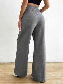 Pantalones de mujer casuales de cintura alta asimétricos con piernas anchas - Gris 2 - Ver 2