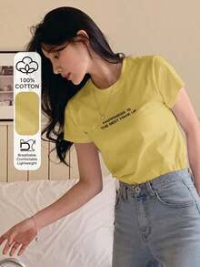 Camiseta casual de manga corta con cuello redondo, estampado de letras en azul cielo, para primavera/verano - Amarillo - Ver 7