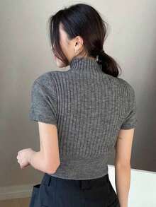 Blusa de punto de manga corta y cuello alto en unicolor, estilo informal de negocios - Gris Oscuro - Ver 4