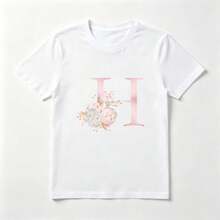 Letra H Floral Playera de Algodón Blanca Rosa y Dorada Elegante - Blanco - Ver 1