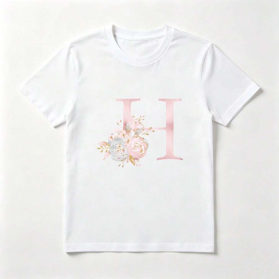 Letra H Floral Playera de Algodón Blanca Rosa y Dorada Elegante - Blanco - Ver 1