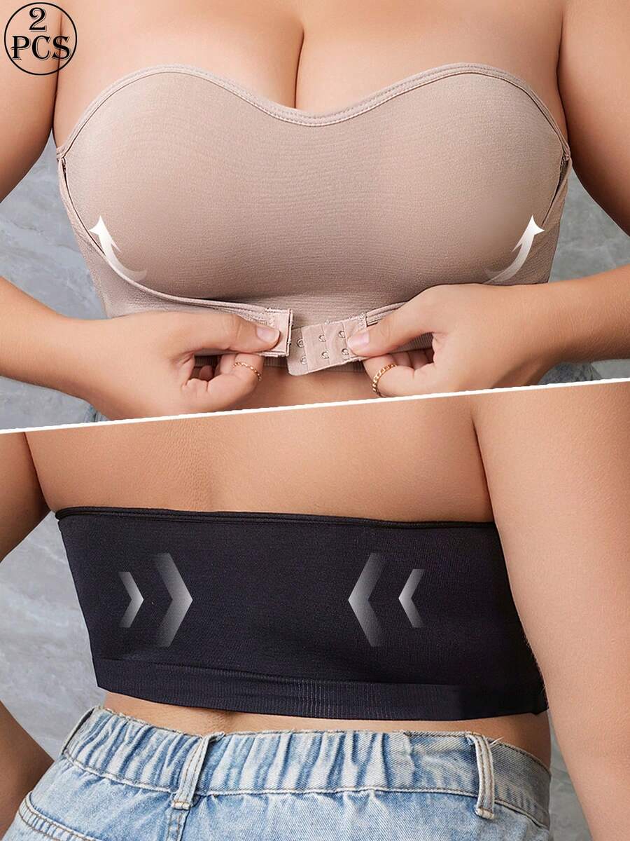 2pcs/Set Plus Size Strapless Padded Push-Up Bra With Front Closure, Slip-Resistant And Detachable Straps - Multicolor - View 1