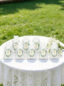 10pcs/Pack Cross-Shaped Polyester Gift Bags, Christening Party Gift Bags With Drawstring, Green Leaf Cross Drawstring Bags, Cross-Shaped Candy Jewelry Bags, Suitable For Christening, Communion Party, Wedding Party Gifts, Stationery And Gift Packaging Supplies - Multicolor - View 10