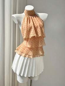 Women's Blouse With Ruffled Collar And Polka Dot Print - 橘色 - 查看 5