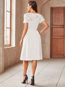 MIUSOL Đầm xòe bằng chiffon thanh lịch, cổ chữ V, họa tiết ren hoa và gấu xếp ly, thích hợp cho khách dự đám cưới, dạ hội, kỳ nghỉ, lễ tốt nghiệp, màu trắng mùa hè. - trắng - Xem 10