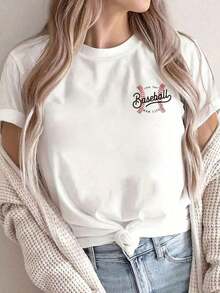 Summer T-Shirts [Double-Sided Print] Women's Short-Sleeve Crew Neck T-Shirt, Casual Style, With Baseball Stitching And The Text "LIVIN' THAT MOM LIFE", Machine Washable, Suitable For Casual Wear, Multipurpose Clothing, Fashionable T-Shirt, Comfortable Material, For Style Enthusiasts, Loose And Comfortable For Summer. - 白色 - 查看 3