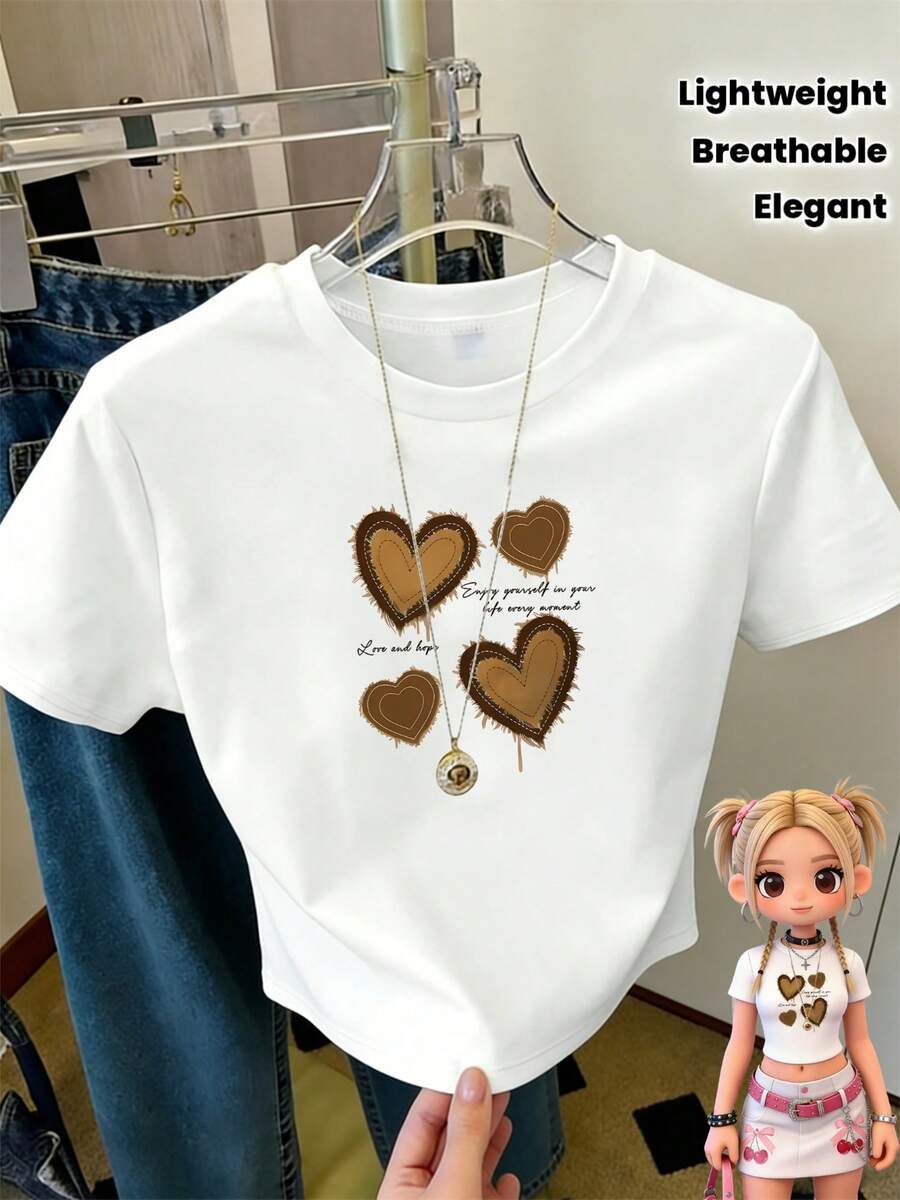 Conjunto casual de mujer para estar en casa con estampado de corazón vintage, cuello redondo y mangas cortas, ideal para looks relajados y uso diario. Presenta estampados elegantes, un diseño minimalista, tejido transpirable y material ligero. - Blanco - Ver 1