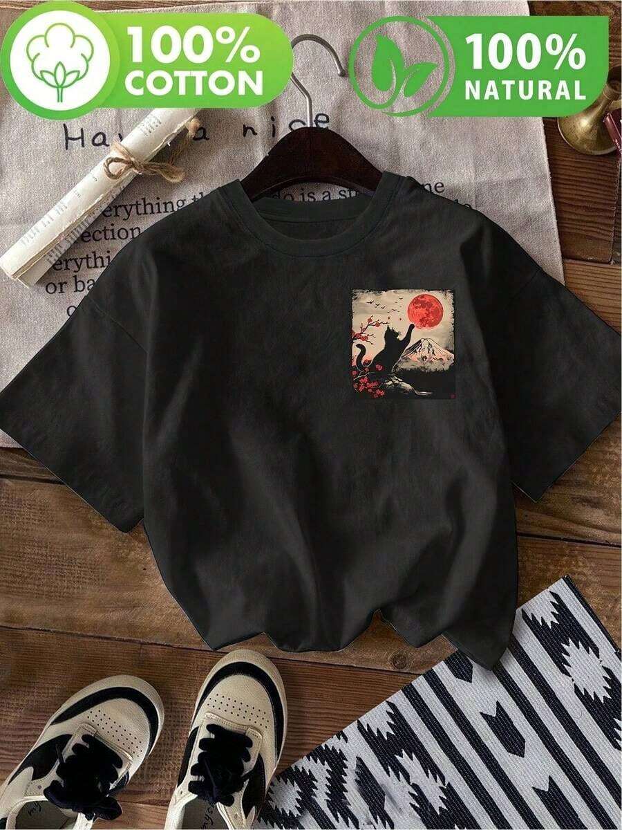 Camiseta de Algodón 100% con Diseño de Montaña y Luna Roja para Hombre Estilo Urbano - Moda Casual México - Negro - Ver 1