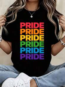 Pride T-Shirt With Rainbow Pride Text Print, Casual Wear For Everyday Use And Sports Activities - Vintage Urban Style, Unisex, Cotton, Short Sleeve, Round Neck, 100% Cotton - 黑色 - 查看 7