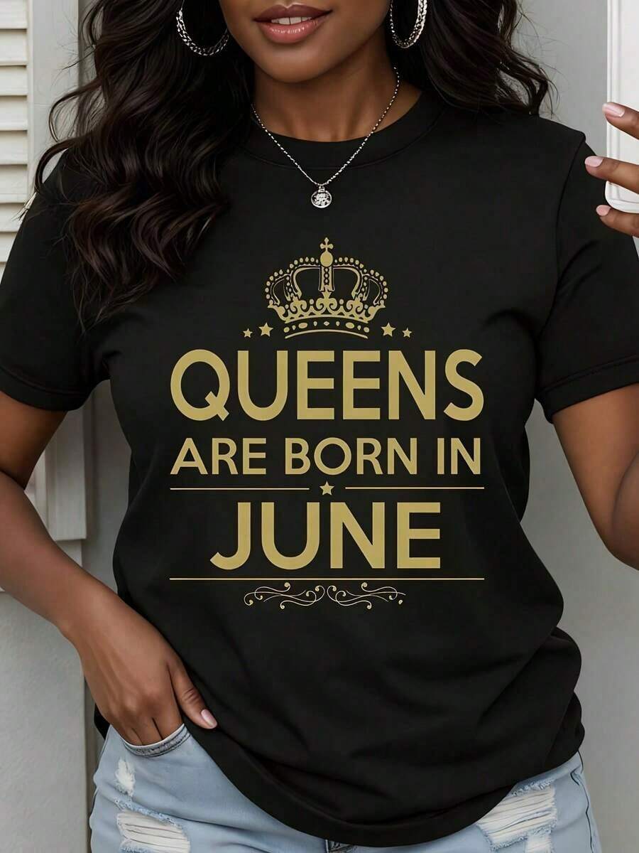 "Queens Are Born In June" T-Shirt For Women, Gold Crown Print, Birthday Gift For June Births, Casual White T-Shirt, Urban Vintage Style, Unisex, Loose Fit, Cotton, Short Sleeve, Round Neck, 100% Cotton - 黑色 - 查看 1