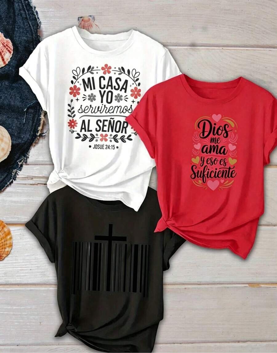 Nuevo modelo : Camiseta casual de manga corta para 3 piezas/set de camisetas de manga suitable for streetwear, Top oversized cuello redondo daily outings, camping, concerts, hip-hop, rock, and rap events mujer de una pieza. "Mi hogar servirá al Señor. Dios me ama, y eso es suficiente." Camiseta con estampado de diseño de código de barras cruzado, camiseta de manga corta con cuello redondo para mujer, top deportivo casual transpirable de algodón puro, regalo para las fiestas. - Negro - Ver 1