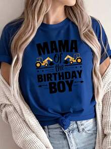 Camiseta de manga corta con cuello redondo para mujer, modelo 2026, estampada con las palabras "MAMA del NIÑO CUMPLEÑERO" junto con dos patrones de excavadoras amarillas y flechas y estrellas decorativas. Camiseta deportiva de moda, informal, de uso diario, con cuello redondo y manga corta, cómoda para mujer. - Azul - Ver 7