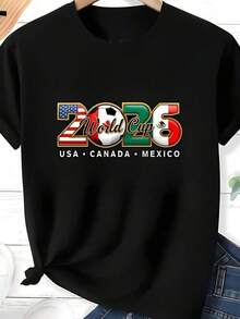 1 camiseta de la Copa Mundial 2026 con diseño gráfico para fútbol de EE. UU., Canadá y México. Esta camiseta unisex de cuello redondo es perfecta para vacaciones en familia y combinaciones, diseñada para un look casual de verano, ideal para resorts de playa, disponible en tallas grandes. - Negro - Ver 1
