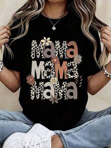 1 pieza Camiseta con estampado de leopardo y flores Mama Mama Mama, blanca, informal, para mujer, para el Día de la Madre y uso diario, 180g, 100% algodón. - Blanco - Ver 9