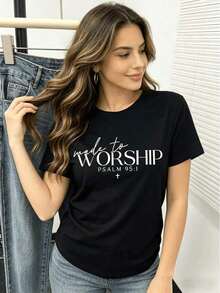 Camiseta casual de verano con cuello redondo, ropa deportiva religiosa, camiseta con el Salmo 95:1, ropa deportiva cristiana, sudadera con capucha bíblica, camiseta religiosa, camiseta de fe, regalo cristiano para mujer, camiseta de manga corta ajustada para mujer. - Negro - Ver 4