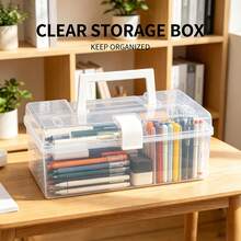 1pc Transparent Frosted Portable Storage Box With Handle And Clasp, Durable Waterproof Dustproof Anti-Pollution Design, Sturdy Anti-Deformation Structure, Convenient Flip-Top Seal, Lightweight Handheld For Carrying, Clear View For Efficient Organization Of Papers, Documents, Stationery, Suitable For Student, Office, Home Desk - Multicolor - View 3