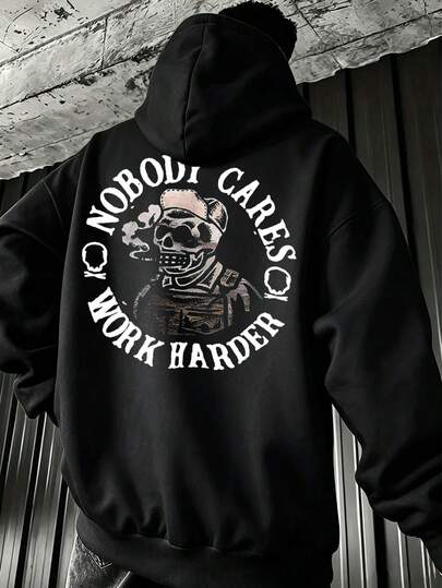 Plus Size Black Letter & Skull Print Hooded Sweatshirt, Loose Fit, Suitable As Holiday Gift