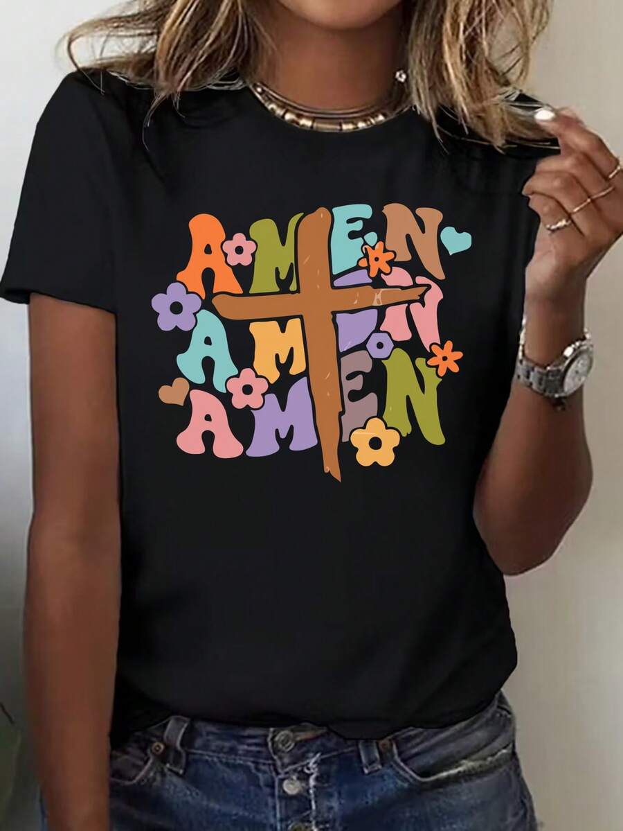 Camiseta de manga corta casual deportiva de algodón puro para mujer con diseños de amenas, cruces y flores. Estampado festivo, moderna y a la moda, camiseta de manga corta con cuello redondo para mujer, ajuste cómodo, adecuada para todas las estaciones, confeccionada en tela de algodón duradera. - Negro - Ver 1