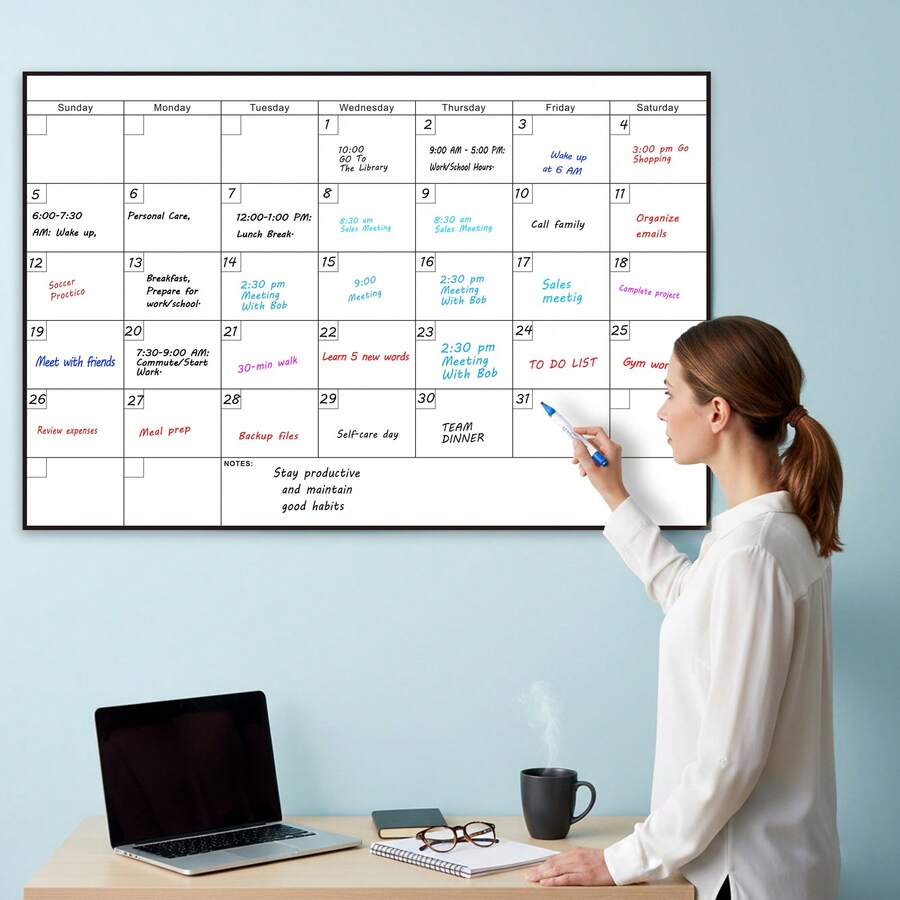 Lịch treo tường xóa khô khổ lớn 1 tháng - 48 x 32 inch, bảng trắng lập kế hoạch hàng tháng không ghi ngày tháng, bảng lịch treo tường có thể tái sử dụng, bắt đầu từ Chủ nhật, ô viết cực lớn với phần ghi chú. - Lịch treo tường khổ lớn 1 tháng có thể xóa bằng bút dạ. - Xem 1
