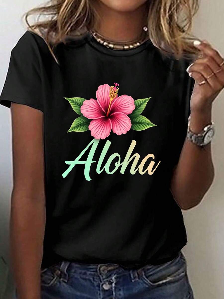 Camiseta con Estampado Aloha, Manga Corta y Cuello Redondo Casual para Verano y Primavera, Ropa de Mujer