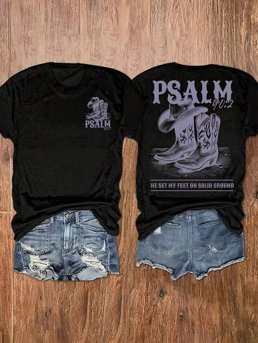 Camiseta con estampado gráfico, manga corta y cuello redondo, top casual para verano y primavera, ropa de mujer - Negro - Ver 1