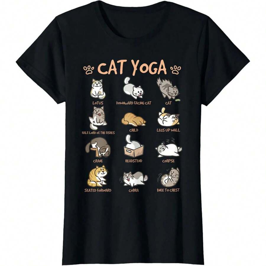 Camiseta de Mujer 100% Algodón 180gsm - Camiseta con Gráfico Divertido de Gato Yoga, Negra, Cómoda, Transpirable y Suave - Negro - Ver 1