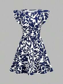 Vestido de línea A con cintura ceñida y mangas con volantes, vestidos de verano para mujeres, conjuntos de verano para mujeres, atuendos para cena de vacaciones, atuendos de verano para mujeres, vestidos, ropa de vacaciones para mujeres, atuendos de primavera para mujeres, vestidos, atuendos de vacaciones para mujeres, vestidos casuales para mujeres, vestidos con estampado floral para mujeres - Albaricoque - Ver 11