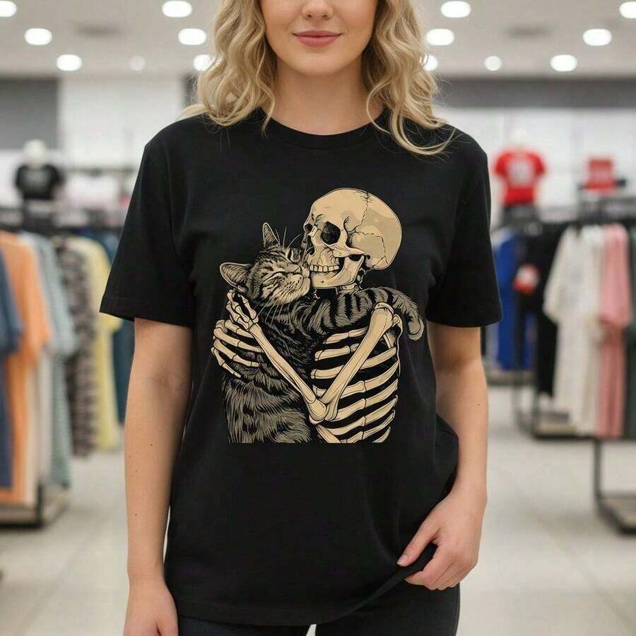 Women's Cotton T-Shirt With Graphic Print Of A Skeleton Hugging A Cat, Casual Short-Sleeved Round Neck T-Shirt, Loose-Fitting Top For Everyday Wear, Sizes S-5XL, Basic Black T-Shirt With Vintage Skull And Cat Design, Soft And Comfortable Pure Cotton T-Shirt For Women. - 黑色 - 查看 1