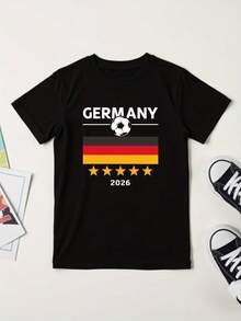 Unisex T-shirt gjord av ren bomull, fotbollströja för tyska lag för pojkar-2026, korta ärmar, tröja med nationalemblem & ikonisk femstjärnig design, maskintvättbar, lämplig för fotboll, träning, vardagskläder, sommarskjorta, blus, basplagg, toppar, sommarskjorta, blus, basplagg, toppar, T-shirt, kreativ design, lämplig för utomhuslek, cool stil, rolig design, perfekt för utomhuslek. - Svart - Visa 1